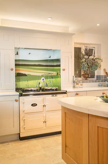 Glartique British Countryside Splashback behind AGA